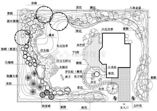 【平面cad】某小型小庭院園林設(shè)計施工詳細方案平面CAD圖紙_土木在線